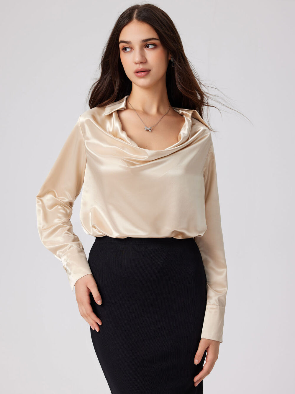 Commense Elegant Satin Old Money Pleated Long Sleeve Blouse Champagne Small